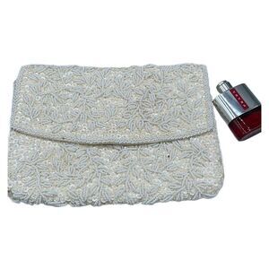 Vintage cream satin beaded clutch